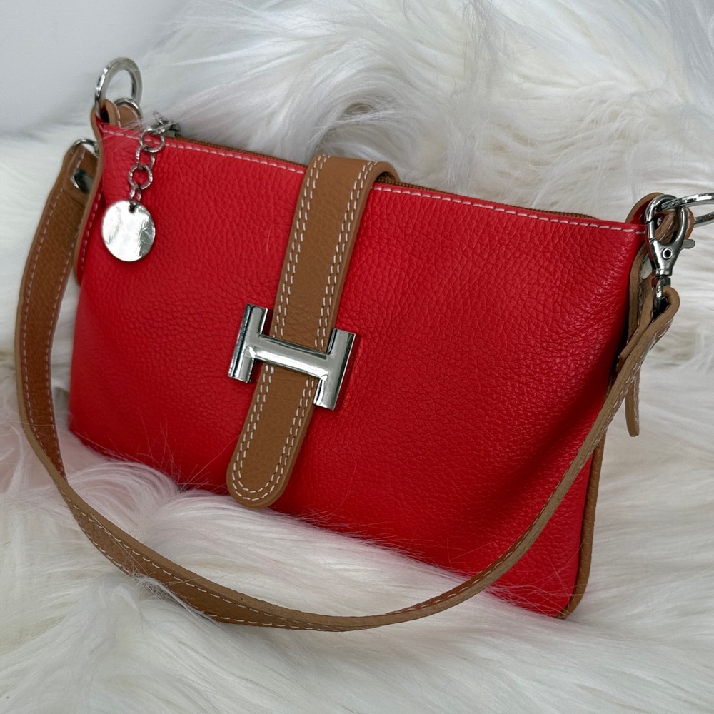 Classic Vera Pelle Red and Brown Leather Handbag